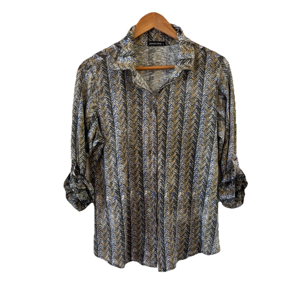 David Cline Crushed Snap Front Top L Green Chevron Roll Tab Sleeve Art to Wear